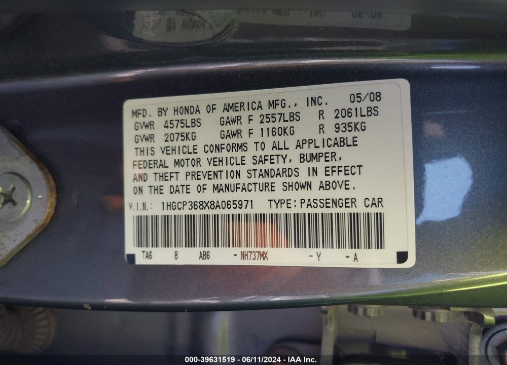 2008 HONDA ACCORD 3.5 EX-L VIN: 1HGCP368X8A065971