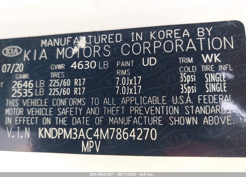 2021 KIA SPORTAGE VIN: KNDPM3AC4M7864270