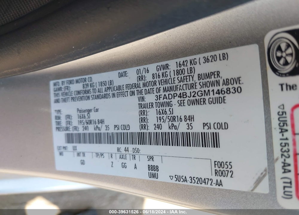 2016 FORD FIESTA SE VIN: 3FADP4BJ2GM146830
