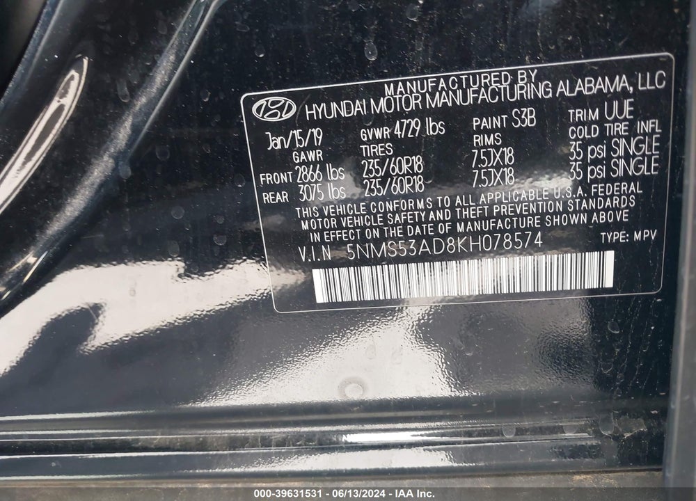 2019 HYUNDAI SANTA FE ULTIMATE VIN: 5NMS53AD8KH078574