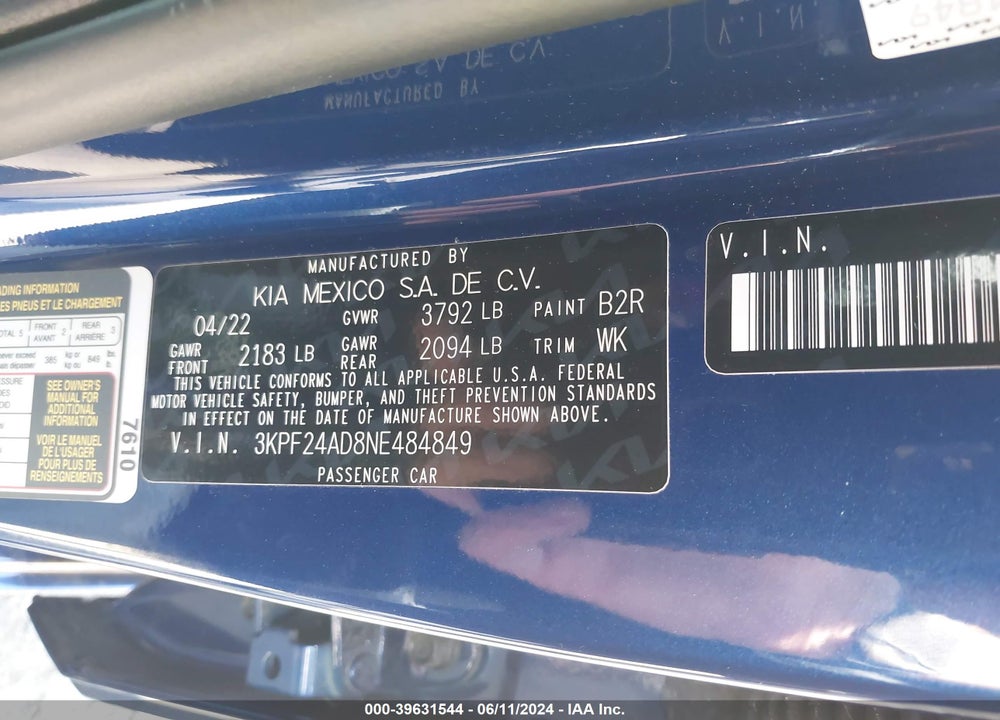 2022 KIA FORTE LXS VIN: 3KPF24AD8NE484849