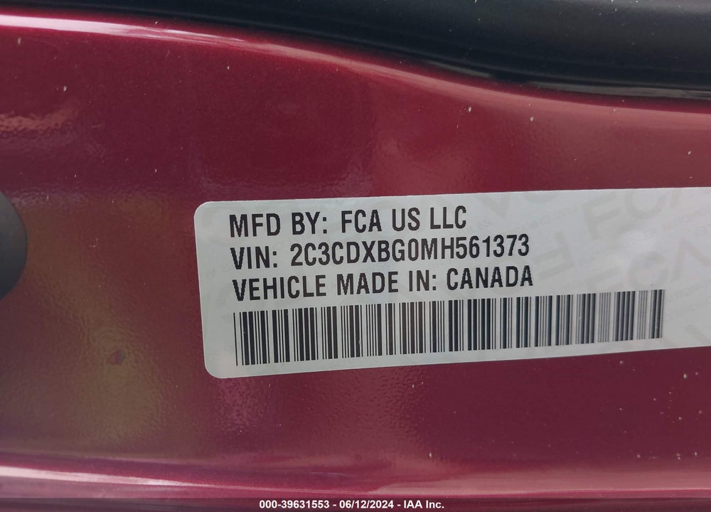 2021 DODGE CHARGER SXT RWD VIN: 2C3CDXBG0MH561373