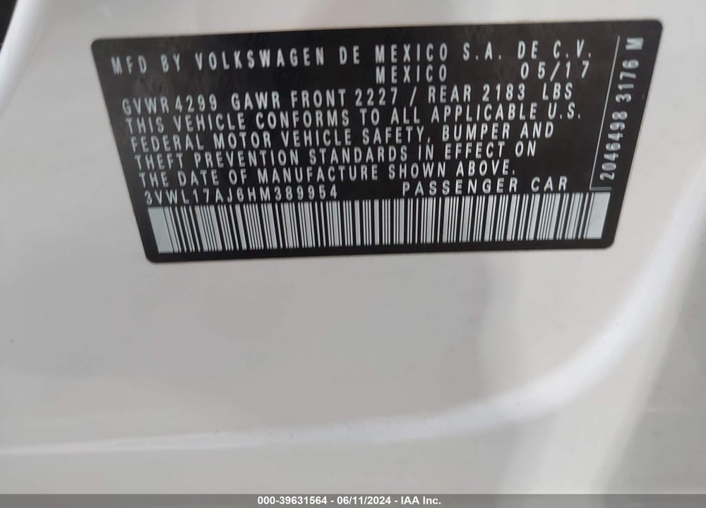 2017 VOLKSWAGEN JETTA 1.8T SEL/1.8T SEL PREMIUM VIN: 3VWL17AJ6HM389954