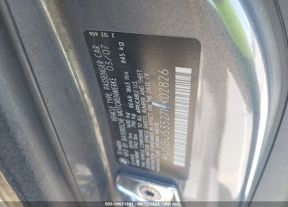 2007 BMW Z4 3.0SI VIN: 4USBU53527LX02826