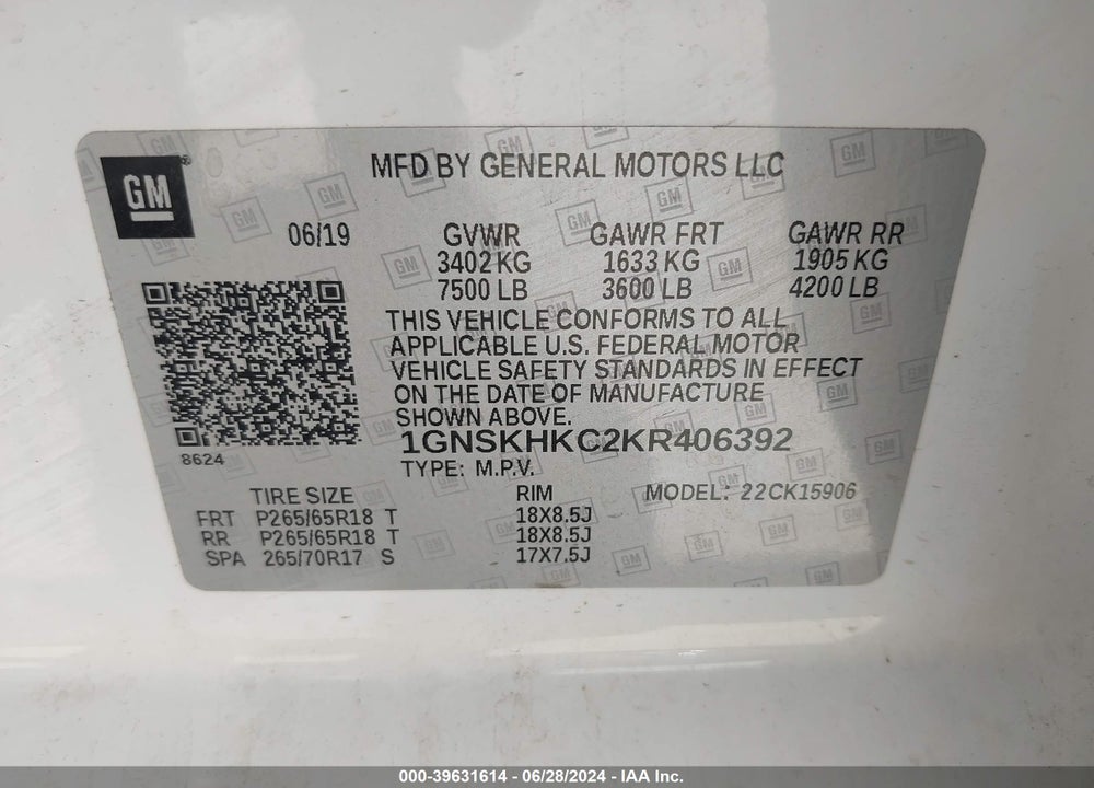 2019 CHEVROLET SUBURBAN LT VIN: 1GNSKHKC2KR406392