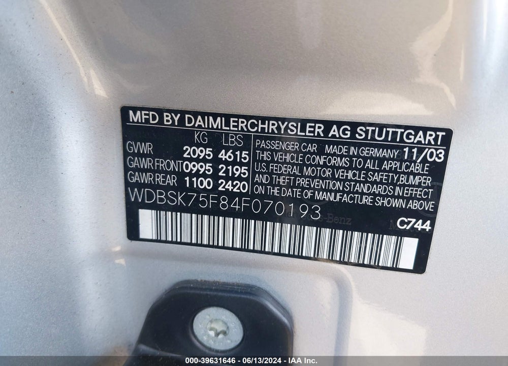 2004 MERCEDES-BENZ SL 500 VIN: WDBSK75F84F070193