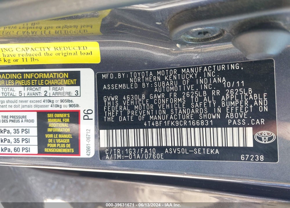 2012 TOYOTA CAMRY L VIN: 4T4BF1FK9CR166831