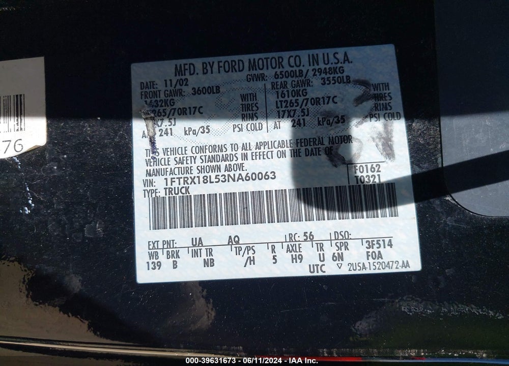 2003 FORD F-150 LARIAT/XL/XLT VIN: 1FTRX18L53NA60063