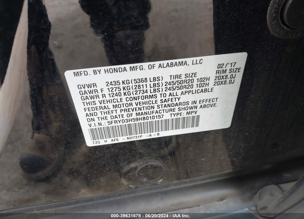 2017 ACURA MDX VIN: 5FRYD3H59HB010157