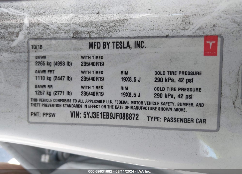 2018 TESLA MODEL 3 VIN: 5YJ3E1EB9JF088872
