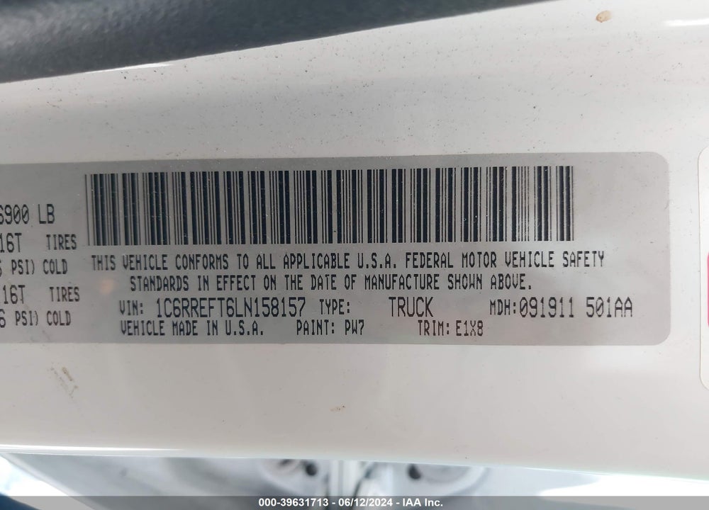2020 RAM 1500 BIG HORN 4X2 5'7 BOX VIN: 1C6RREFT6LN158157
