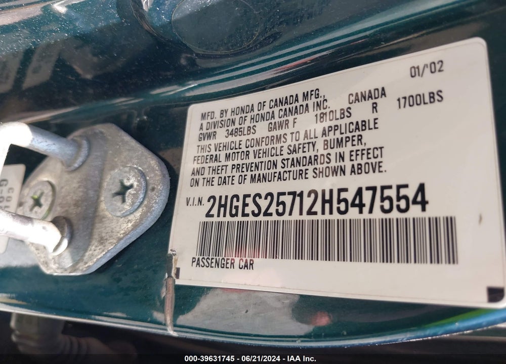 2002 HONDA CIVIC EX VIN: 2HGES25712H547554