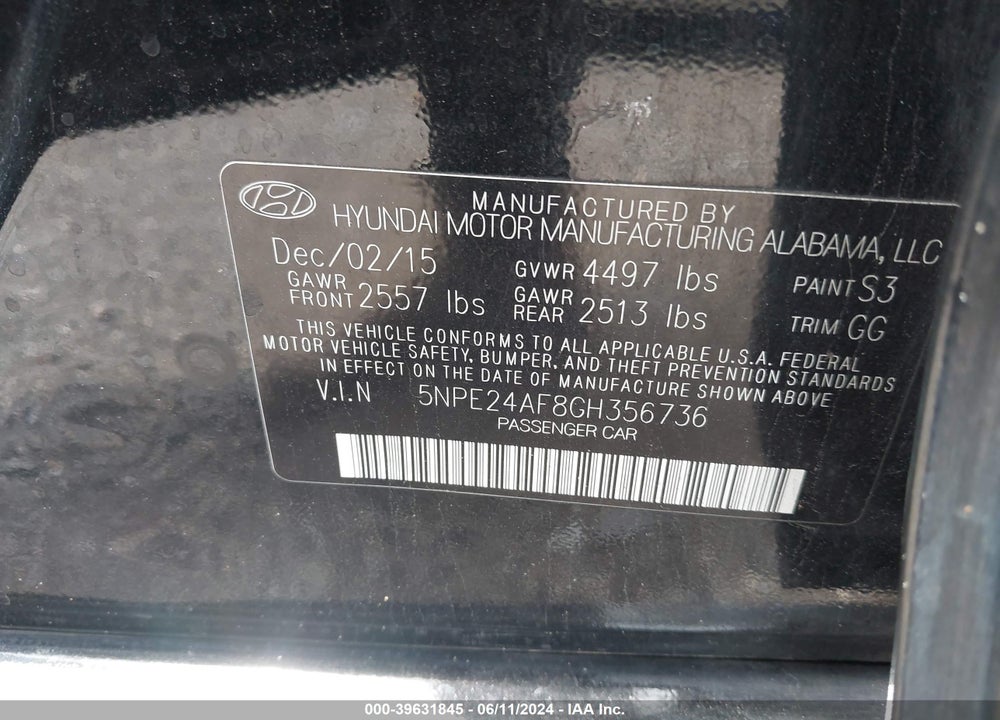 2016 HYUNDAI SONATA SE VIN: 5NPE24AF8GH356736
