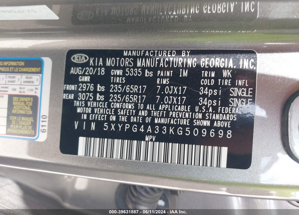 2019 KIA SORENTO 2.4L LX VIN: 5XYPG4A33KG509698