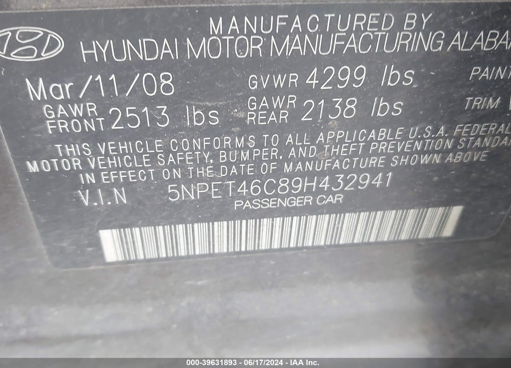 2009 HYUNDAI SONATA GLS VIN: 5NPET46C89H432941