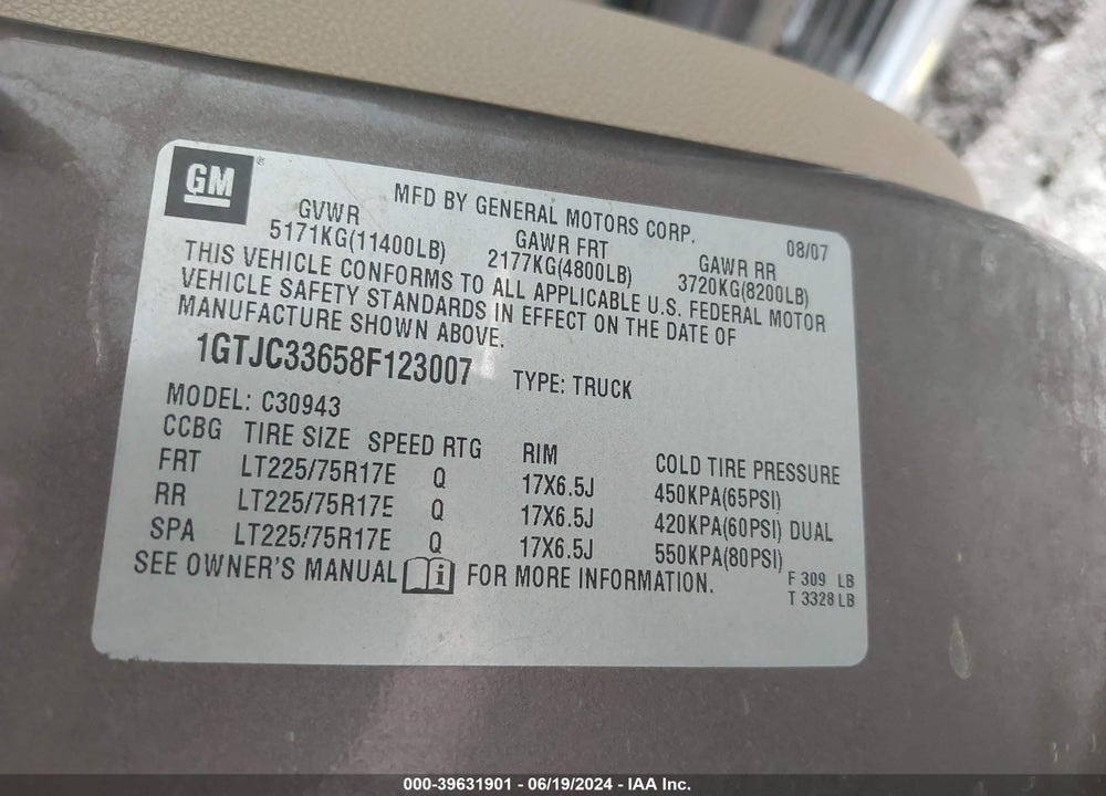 2008 GMC SIERRA 3500HD SLT VIN: 1GTJC33658F123007