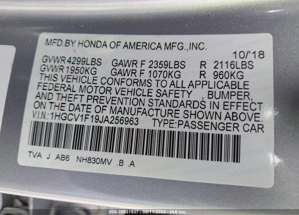 2018 HONDA ACCORD LX VIN: 1HGCV1F19JA256963