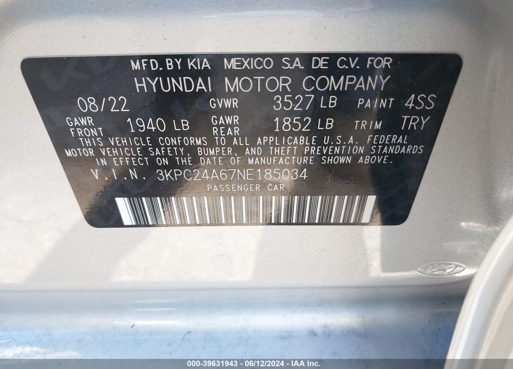2022 HYUNDAI ACCENT SE VIN: 3KPC24A67NE185034