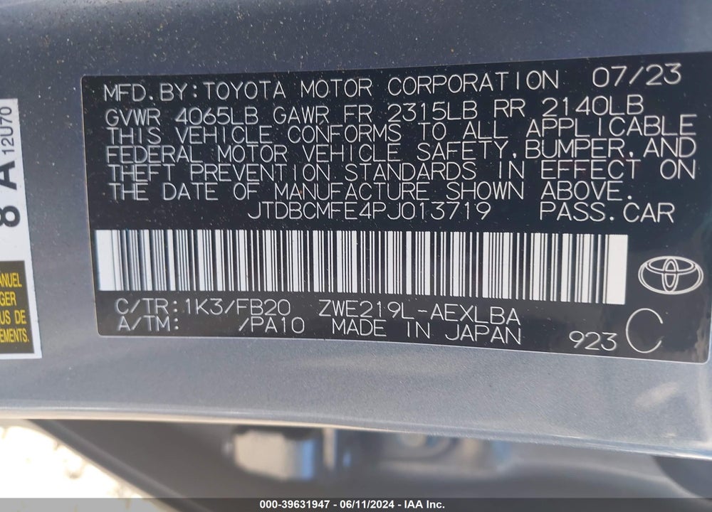 2023 TOYOTA COROLLA HYBRID LE VIN: JTDBCMFE4PJ013719