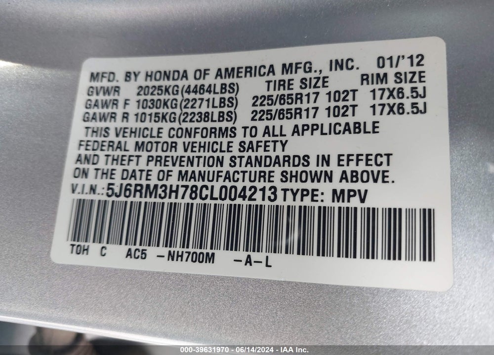 2012 HONDA CR-V EX-L VIN: 5J6RM3H78CL004213