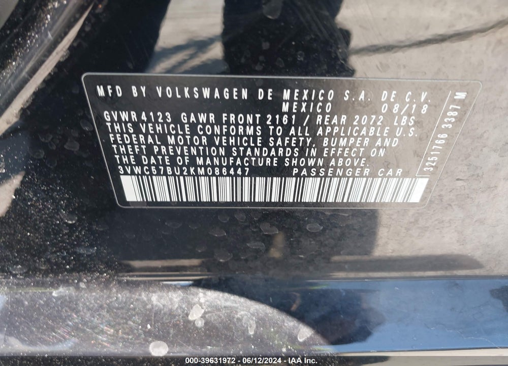 2019 VOLKSWAGEN JETTA 1.4T R-LINE/1.4T S/1.4T SE VIN: 3VWC57BU2KM086447
