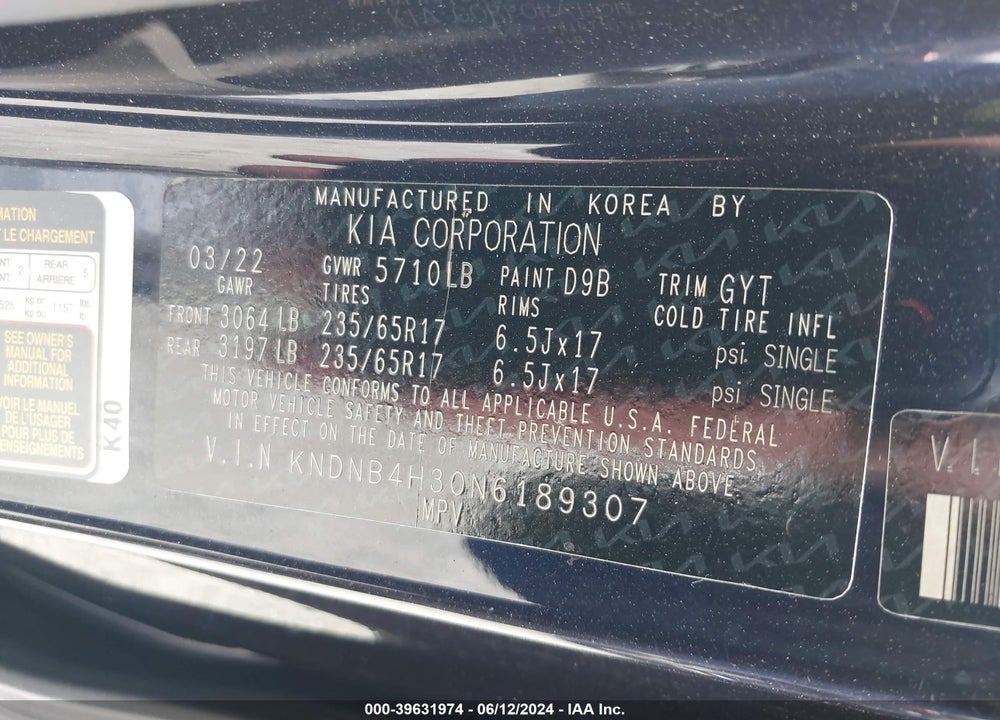 2022 KIA CARNIVAL MPV LX VIN: KNDNB4H30N6189307