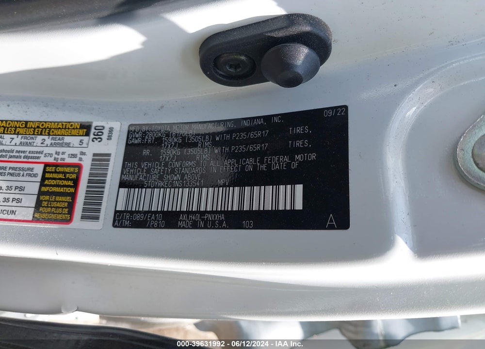 2022 TOYOTA SIENNA XLE VIN: 5TDYRKEC1NS133541