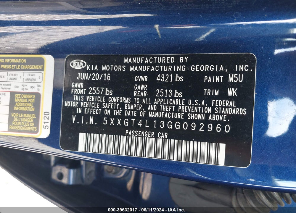 2016 KIA OPTIMA LX TURBO VIN: 5XXGT4L13GG092960