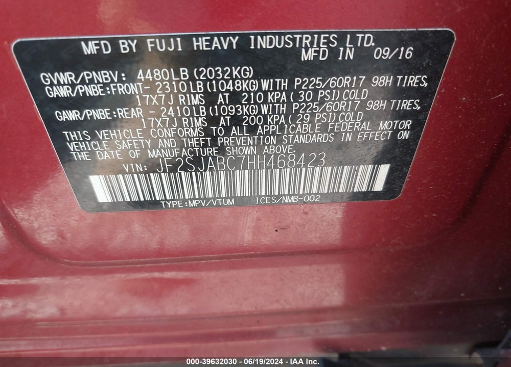 2017 SUBARU FORESTER 2.5I VIN: JF2SJABC7HH468423