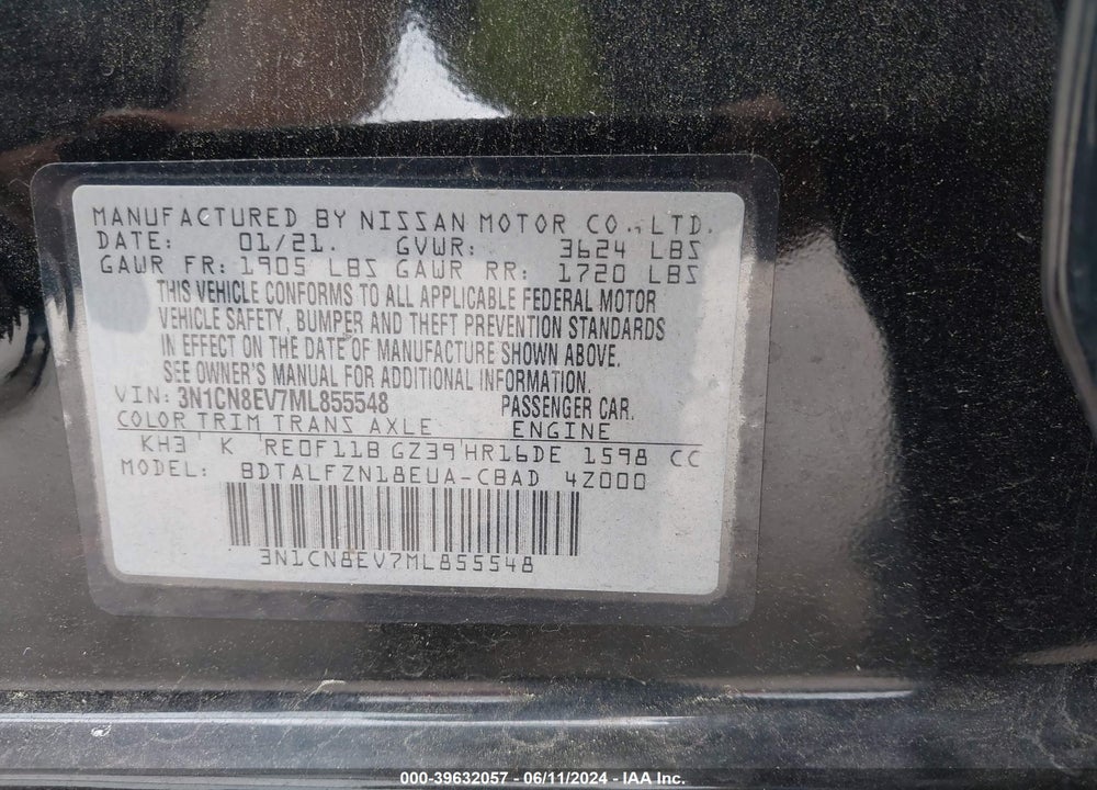 2021 NISSAN VERSA SV XTRONIC CVT VIN: 3N1CN8EV7ML855548