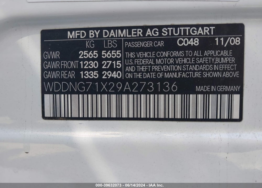 2009 MERCEDES-BENZ S 550 VIN: WDDNG71X29A273136