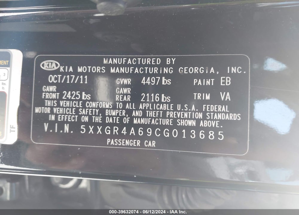 2012 KIA OPTIMA VIN: 5XXGR4A69CG013685