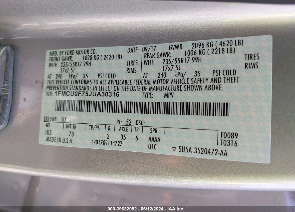 2018 FORD ESCAPE S VIN: 1FMCU0F75JUA30316