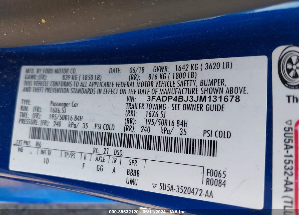2018 FORD FIESTA SE VIN: 3FADP4BJ3JM131678