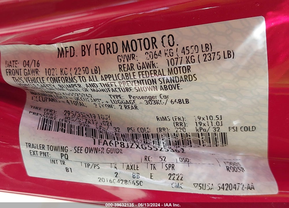 2016 FORD SHELBY GT350 VIN: 1FA6P8JZXG5525362