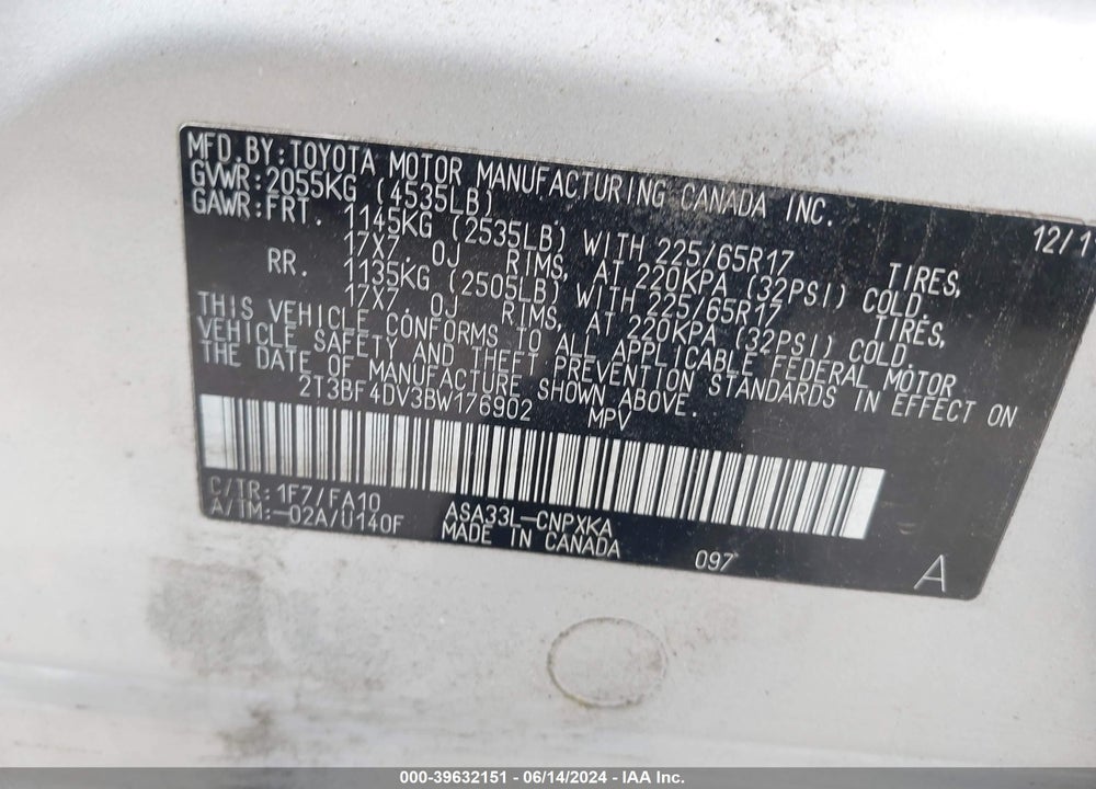 2011 TOYOTA RAV4 VIN: 2T3BF4DV3BW176902