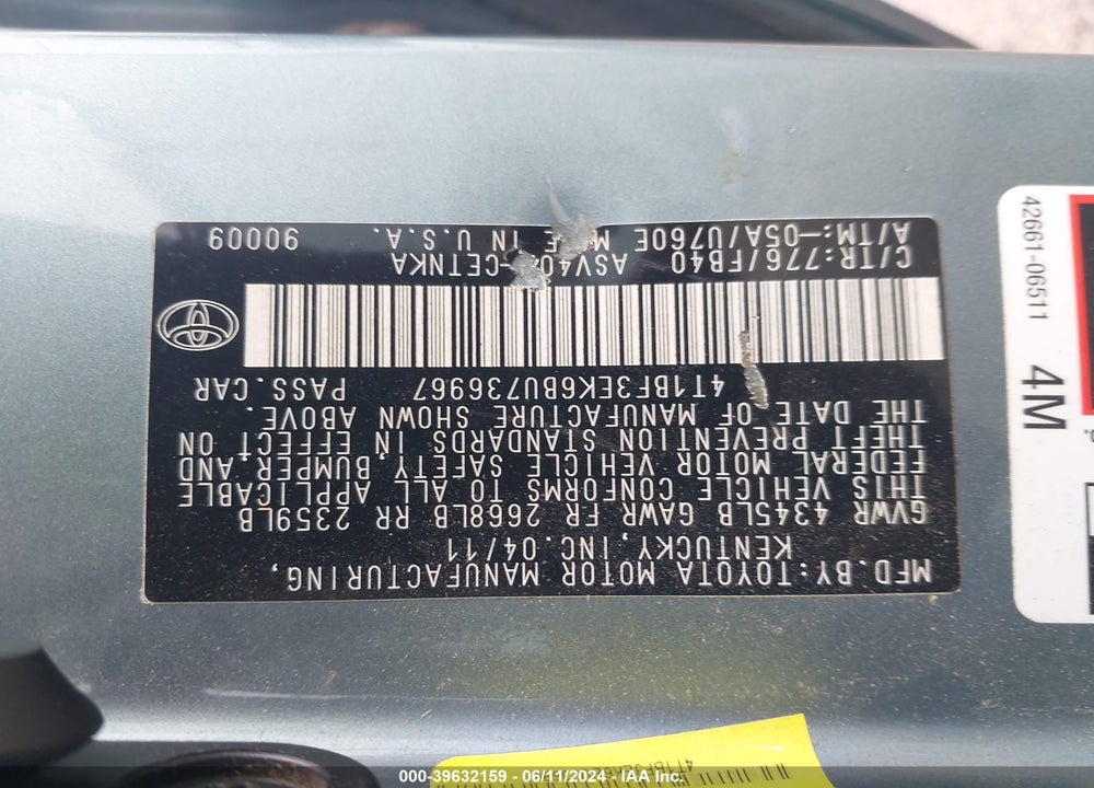 2011 TOYOTA CAMRY LE VIN: 4T1BF3EK6BU736967