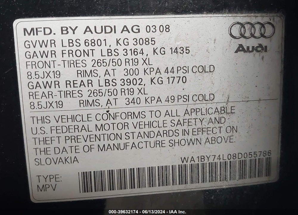 2008 AUDI Q7 3.6 PREMIUM VIN: WA1BY74L08D055786