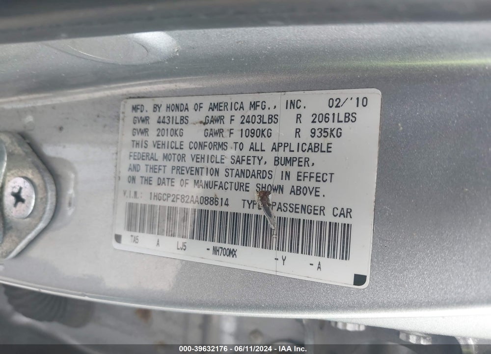 2010 HONDA ACCORD 2.4 EX-L VIN: 1HGCP2F82AA088614