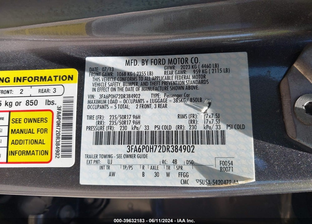 2013 FORD FUSION SE VIN: 3FA6P0H72DR384902