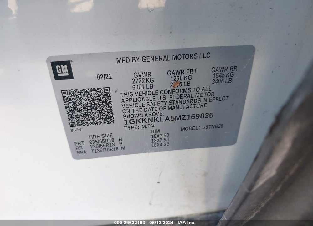 2021 GMC ACADIA FWD SLE VIN: 1GKKNKLA5MZ169835