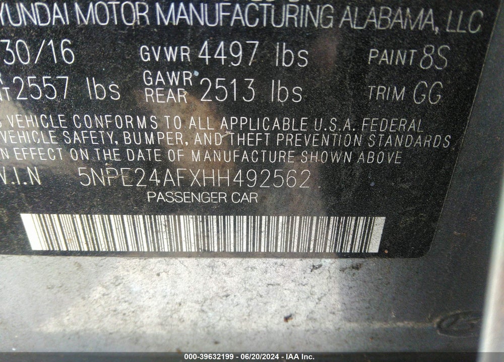 2017 HYUNDAI SONATA VIN: 5NPE24AFXHH492562