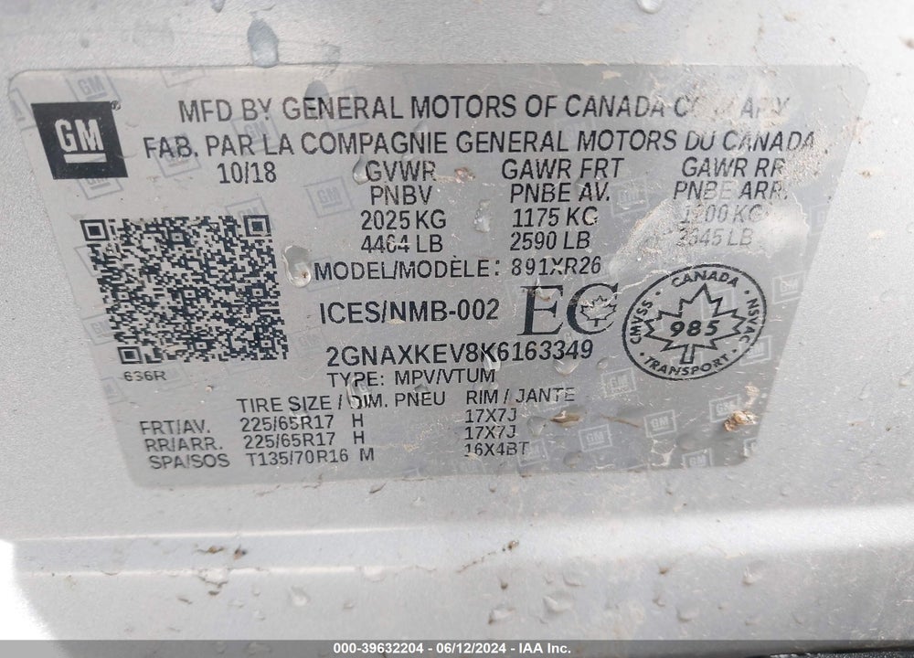 2019 CHEVROLET EQUINOX LT VIN: 2GNAXKEV8K6163349