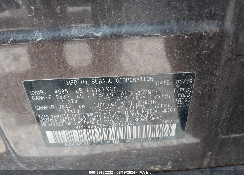 2019 SUBARU OUTBACK 2.5I PREMIUM VIN: 4S4BSAFC0K3320426