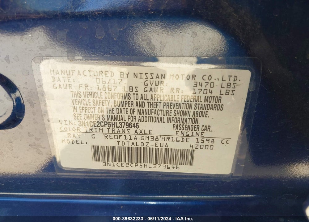 2017 NISSAN VERSA NOTE SV VIN: 3N1CE2CP5HL379646
