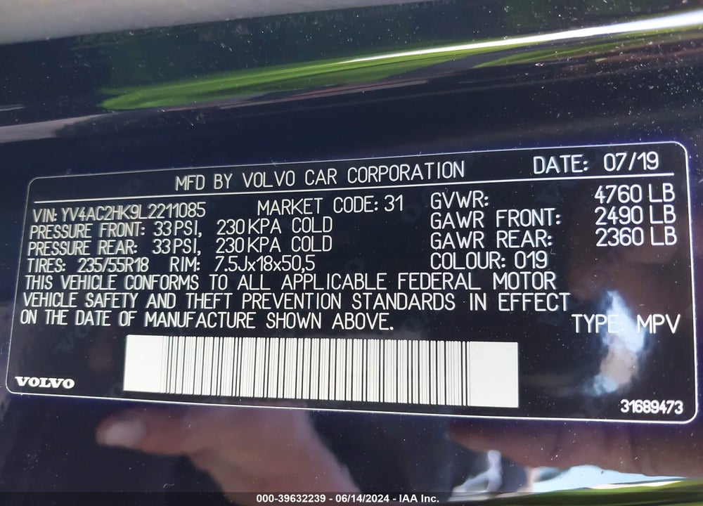 2020 VOLVO XC40 VIN: YV4AC2HK9L2211085