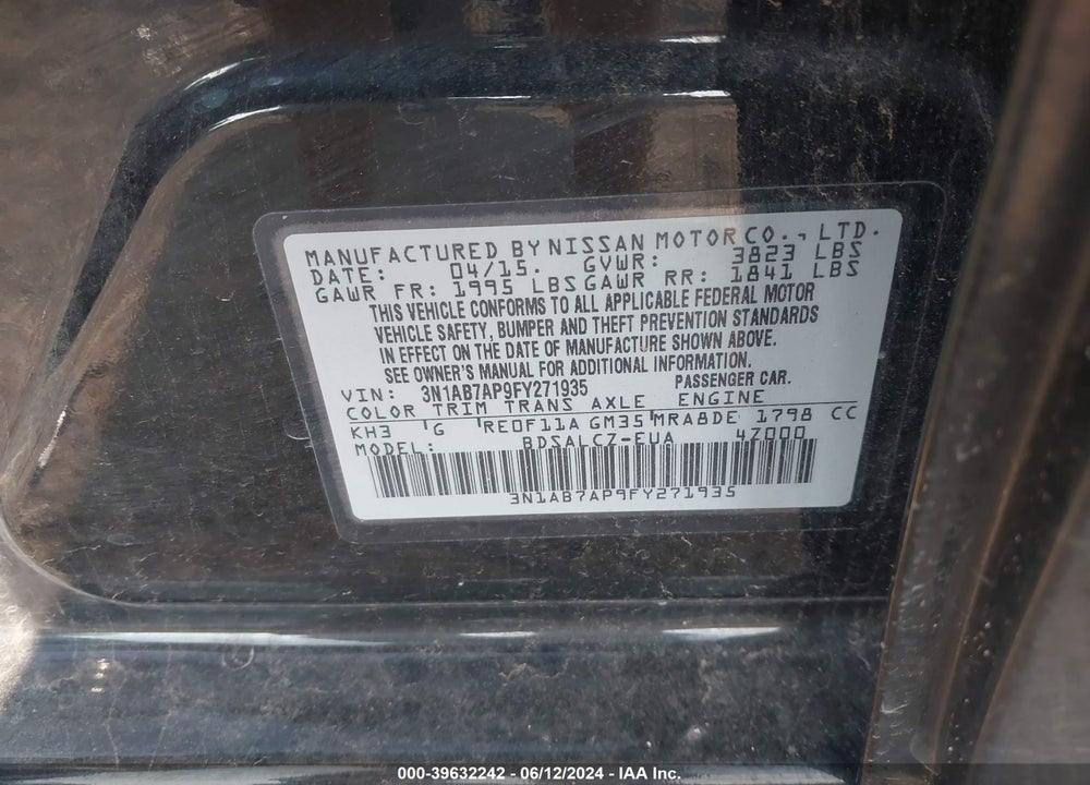 2015 NISSAN SENTRA S VIN: 3N1AB7AP9FY271935
