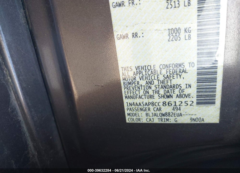 2012 NISSAN MAXIMA 3.5 S VIN: 1N4AA5AP8CC861252