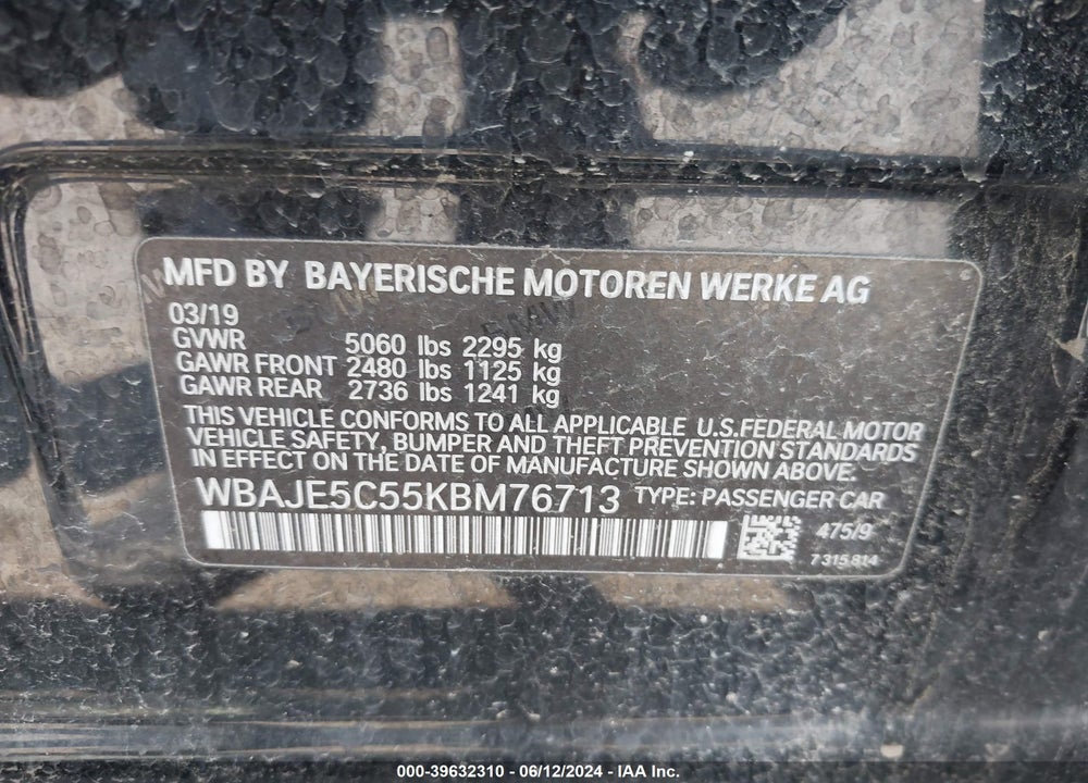 2019 BMW 540I VIN: WBAJE5C55KBM76713