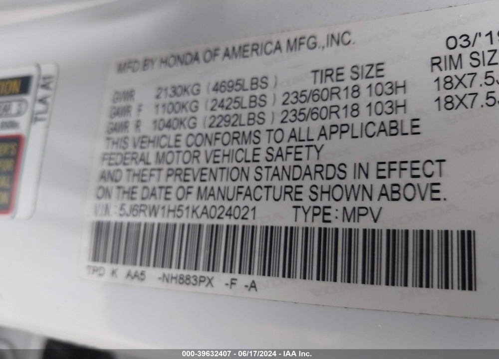 2019 HONDA CR-V EX VIN: 5J6RW1H51KA024021